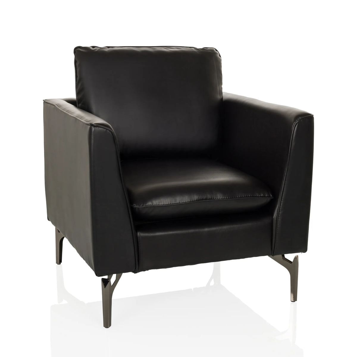 Poltrona Lounge BAVERO nera con rivestimento in ecopelle e piedi in metallo di hjh OFFICE – vista a 360° (vista frontale 15°)