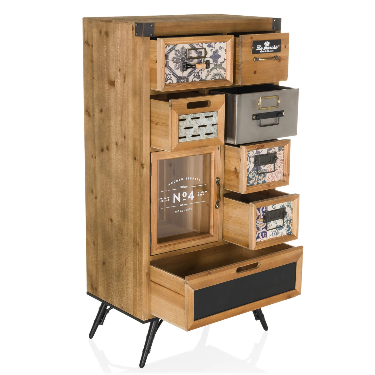 Madia CONTINENTO S in effetto legno con diversi cassetti, un mobile in vetro e gambe nere di hjh LIVING