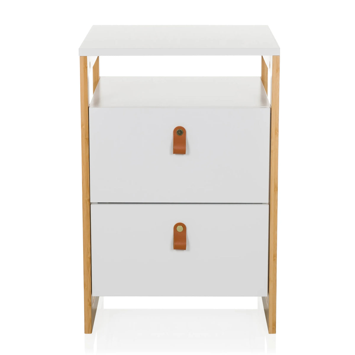 Tavolino bianco TAROLO III con due cassetti e maniglie in pelle marrone di hjh LIVING – vista a 360° (vista frontale 0°)