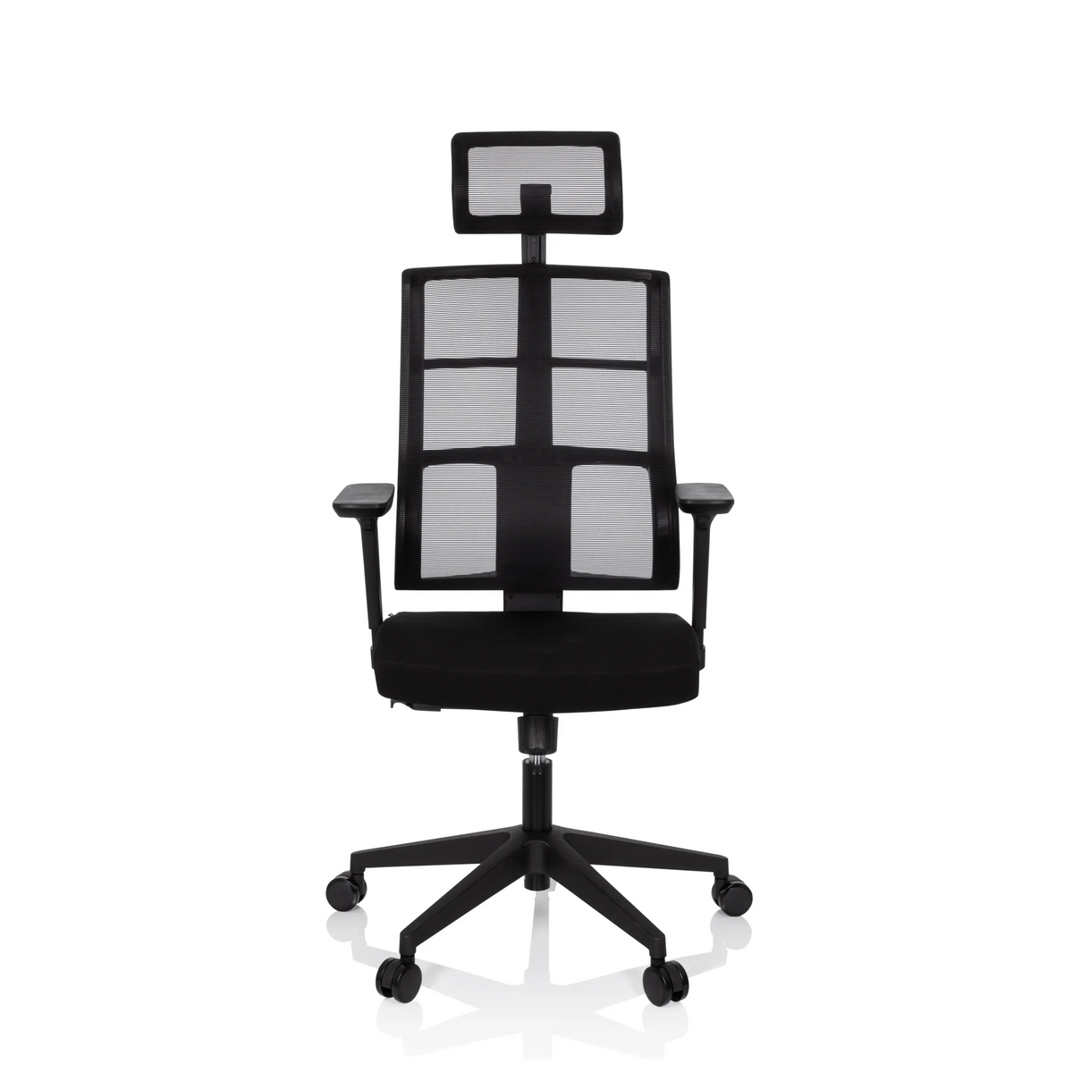 Sedia da ufficio professionale SPINIO PRO nera con schienale in rete, poggiatesta e base a cinque ruote di hjh OFFICE – vista a 360° (vista frontale 0°)