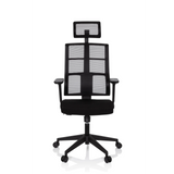 Sedia da ufficio professionale SPINIO PRO nera con schienale in rete, poggiatesta e base a cinque ruote di hjh OFFICE – vista a 360° (vista frontale 0°)