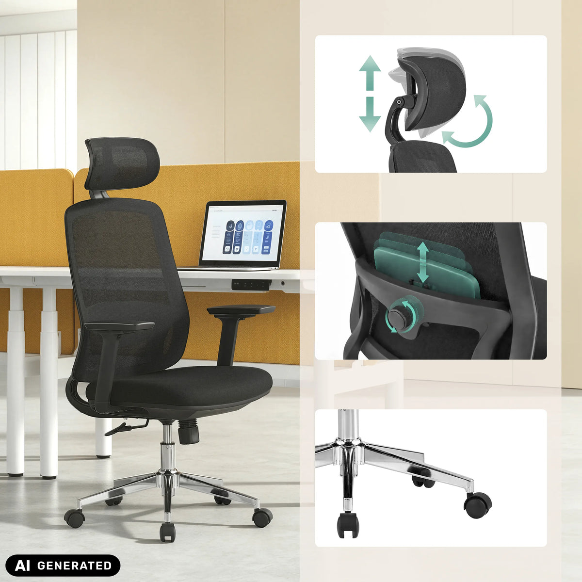 Sedia da ufficio professionale Ergosento in nero con poggiatesta e supporto lombare regolabili di hjh OFFICE (immagine generata dall’IA)