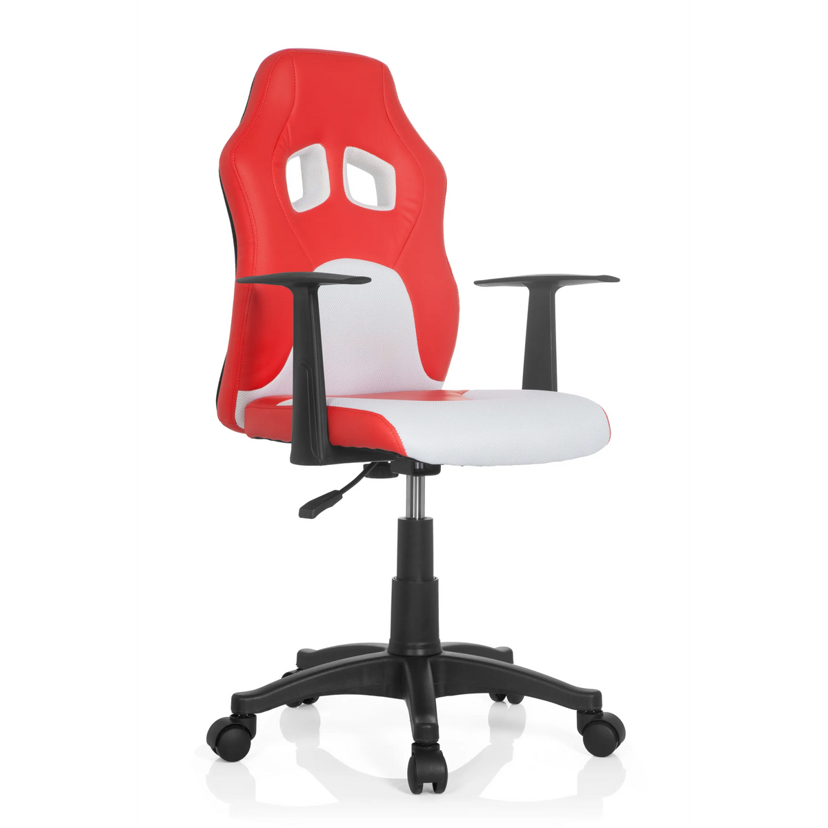 Sedia girevole per bambini TEEN GAME AL rossa e bianca con braccioli e base nera a cinque ruote di hjh OFFICE – vista a 360° (vista frontale a tre quarti 40°)