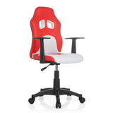 Sedia girevole per bambini TEEN GAME AL rossa e bianca con braccioli e base nera a cinque ruote di hjh OFFICE – vista a 360° (vista frontale a tre quarti 40°)