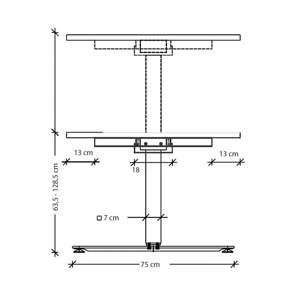 Maßzeichnung des höhenverstellbaren Schreibtisches XDSM 18 S mit einer Höhe von 63,5 bis 128,5 cm von hjh OFFICE PRO