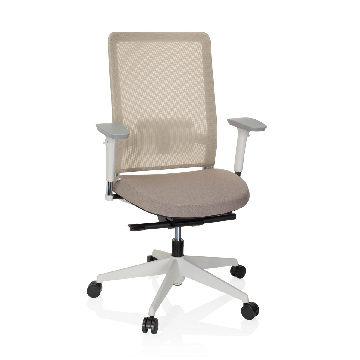 Beiger Profi-Bürostuhl PURE WHITE mit Netzrücken und Fußkreuz mit fünf Rollen von hjh OFFICE – 360-Grad-Ansicht (Frontansicht 20°)