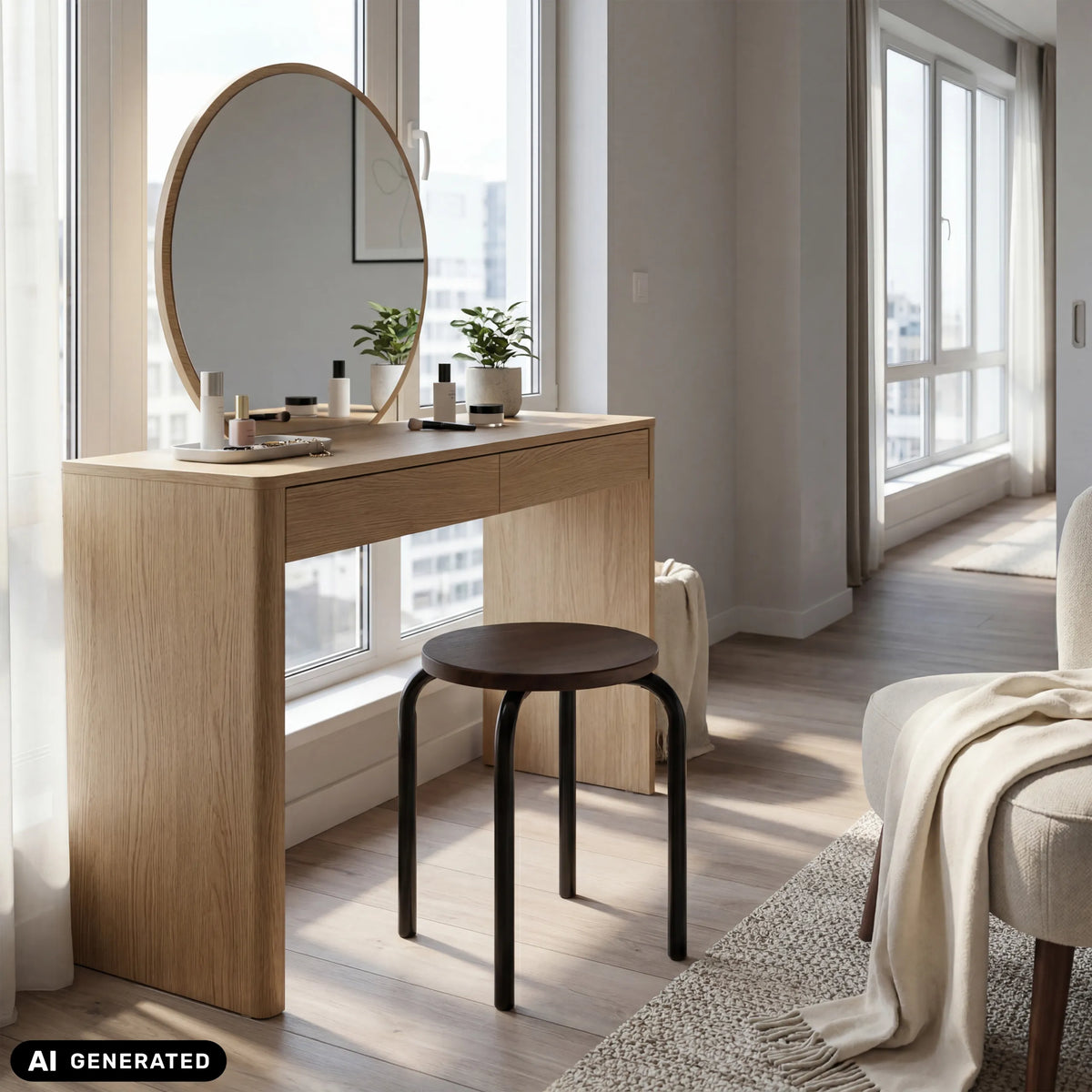 Sgabello ALRANDA in nero e noce davanti a un tavolo da trucco di hjh LIVING