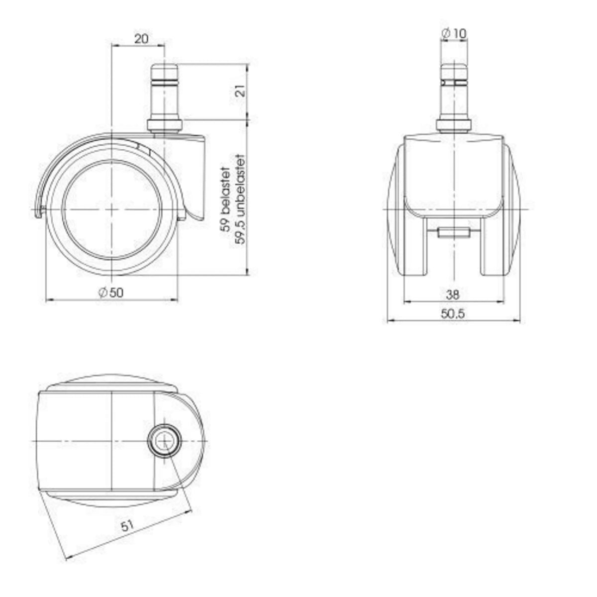 Disegno tecnico delle rotelle per sedia 5x ROLO EASY 10mm/50mm con un diametro di 50 mm di hjh OFFICE