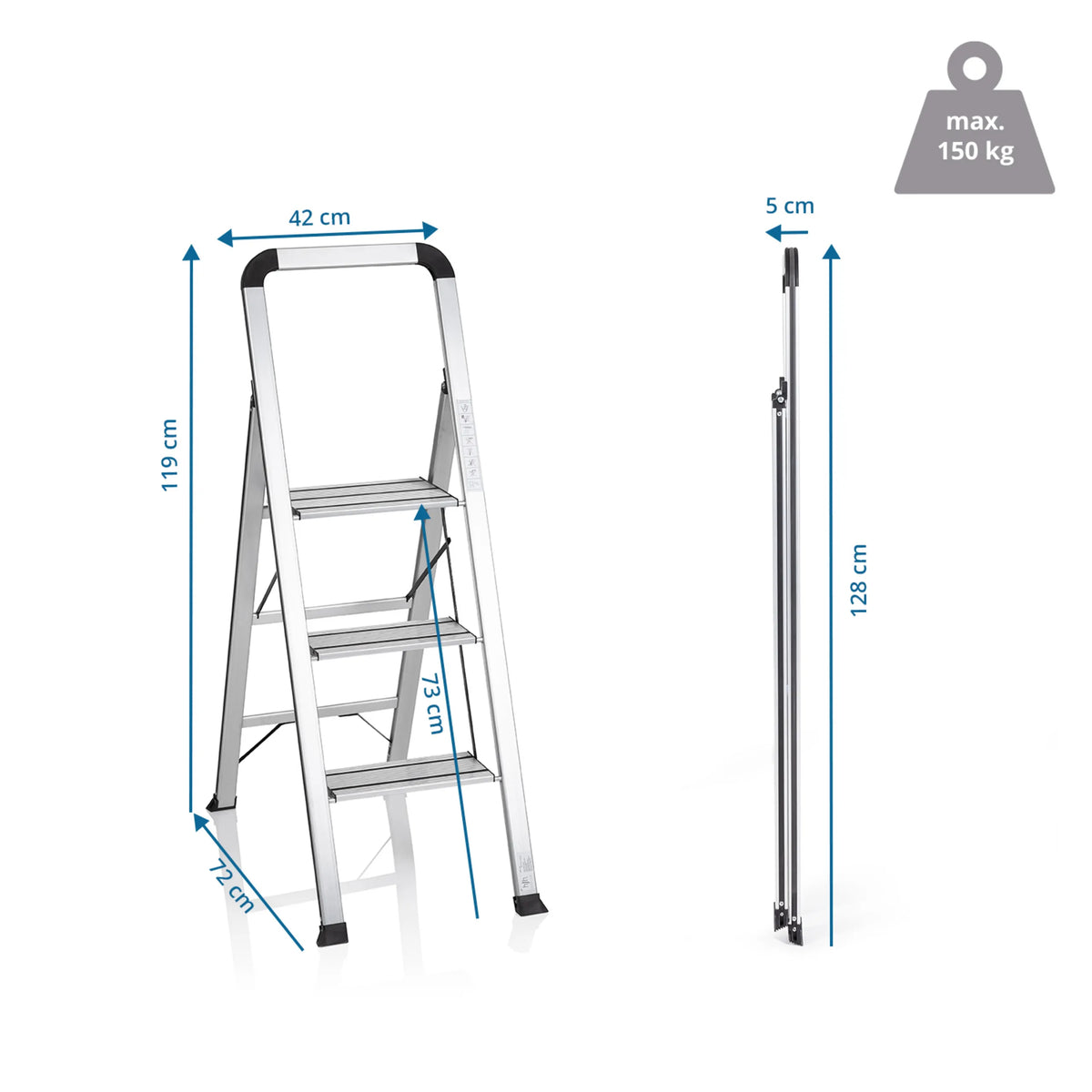 Disegno dimensionale della Scala richiudibile SOLID V con un'altezza di 119 cm e una larghezza di 42 cm di hjh OFFICE