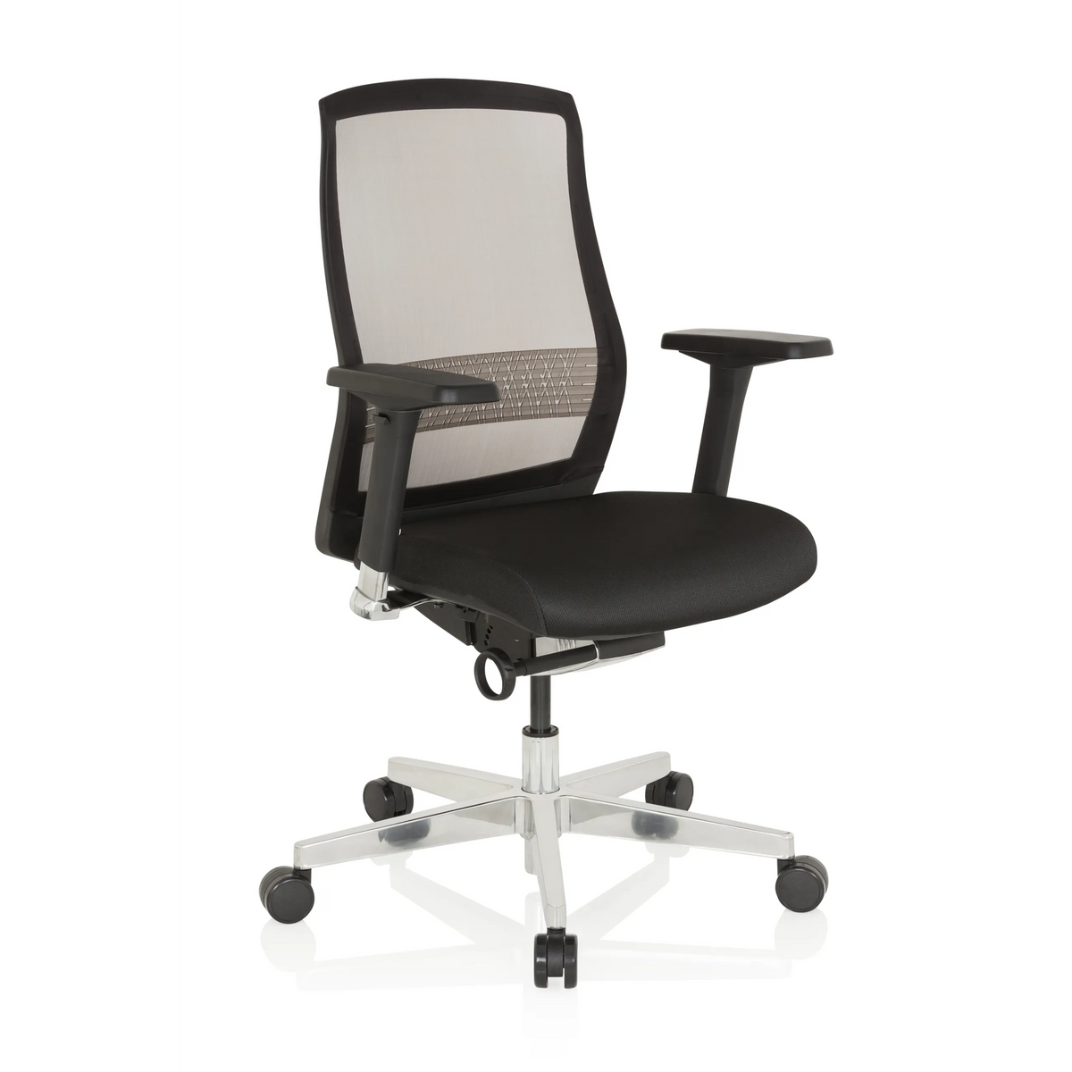 High-end Sedia da ufficio FOUNTAINE nera con schienale in rete e base a cinque ruote di hjh OFFICE – vista a 360° (vista frontale a tre quarti 40°)
