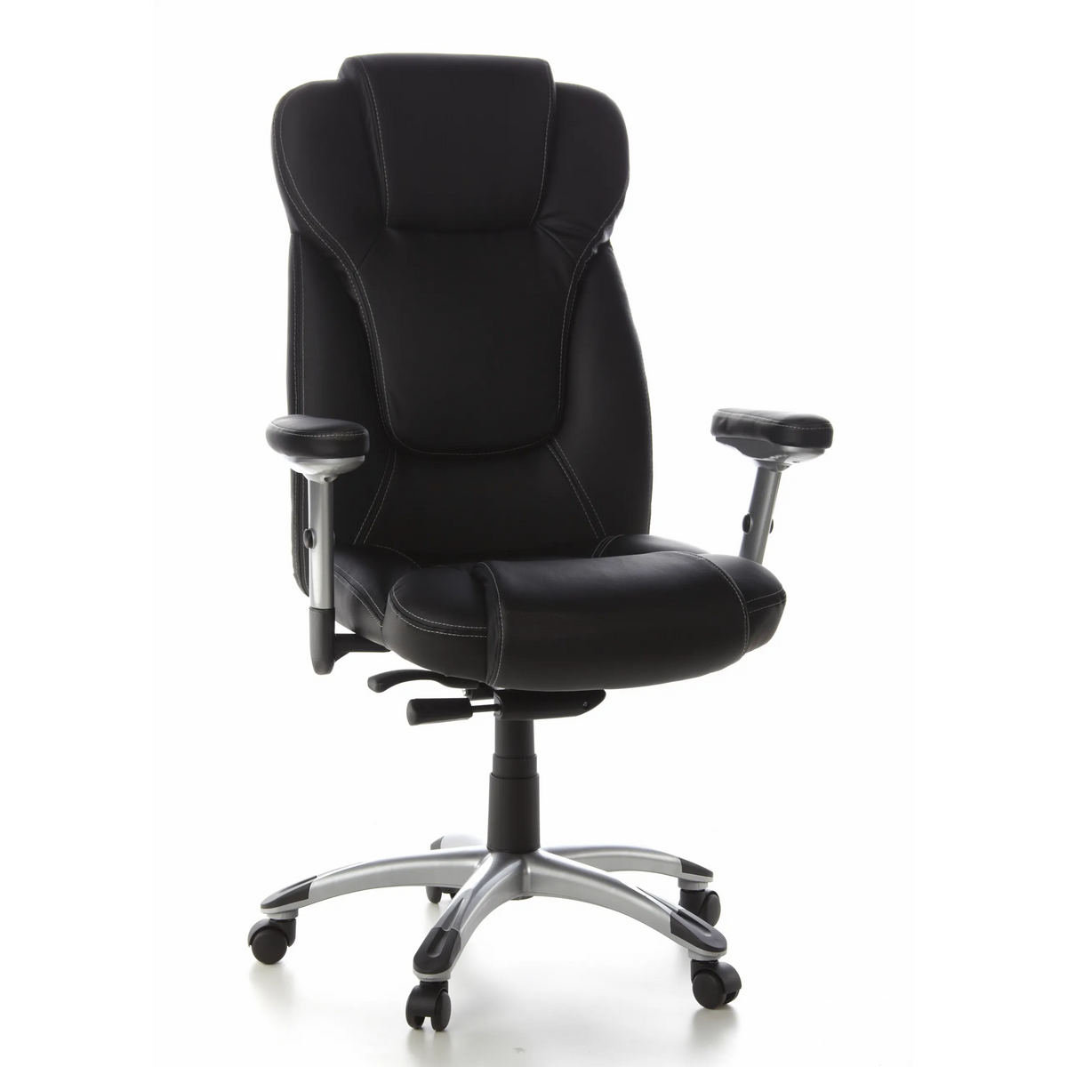Poltrona professionale EMBASSY 200 L nera con braccioli e base argentata a cinque ruote di hjh OFFICE – vista a 360° (vista frontale 20°)