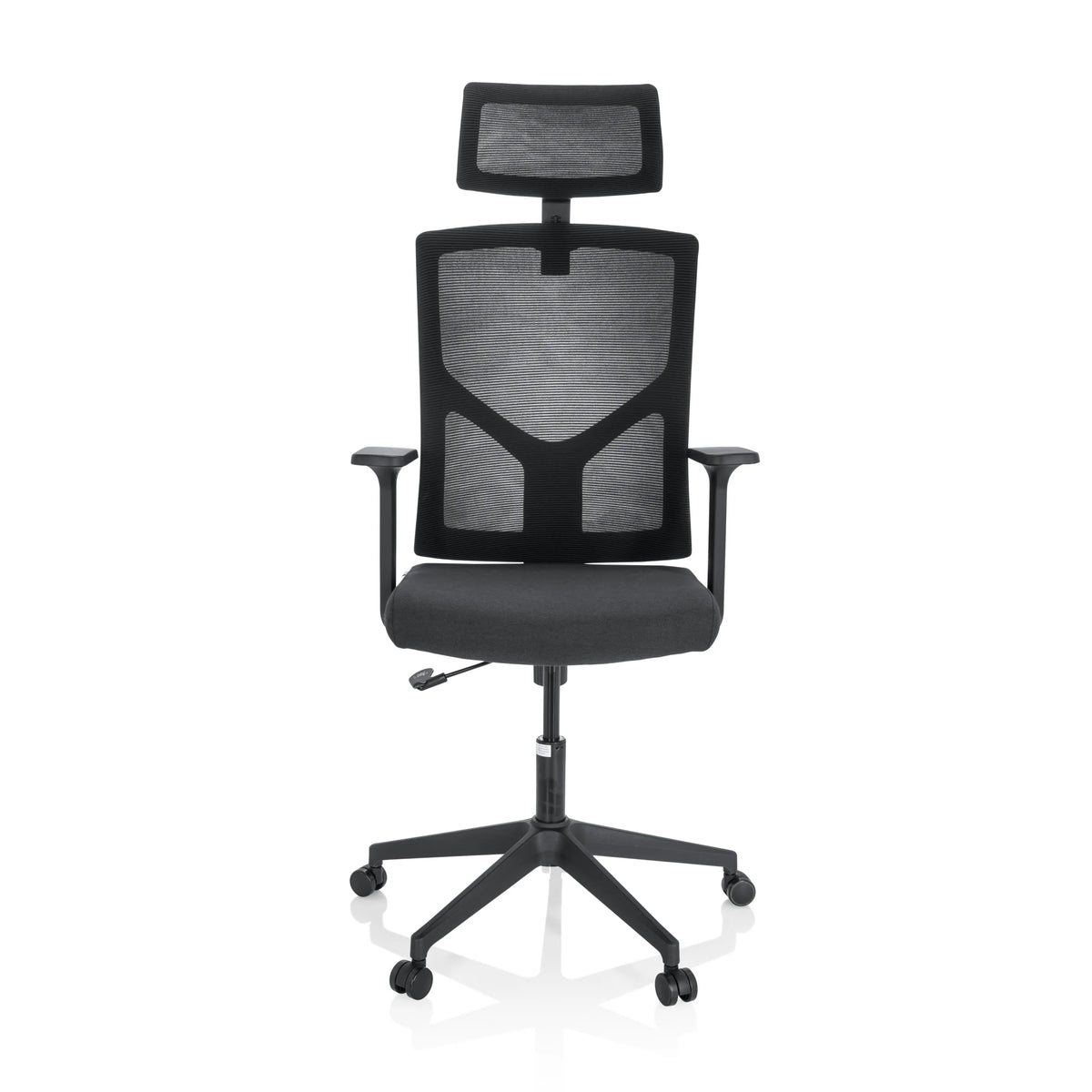 Sedia Home Office BRETON B nera con schienale in rete, poggiatesta e base a cinque ruote di hjh OFFICE – vista a 360° (vista frontale 0°)