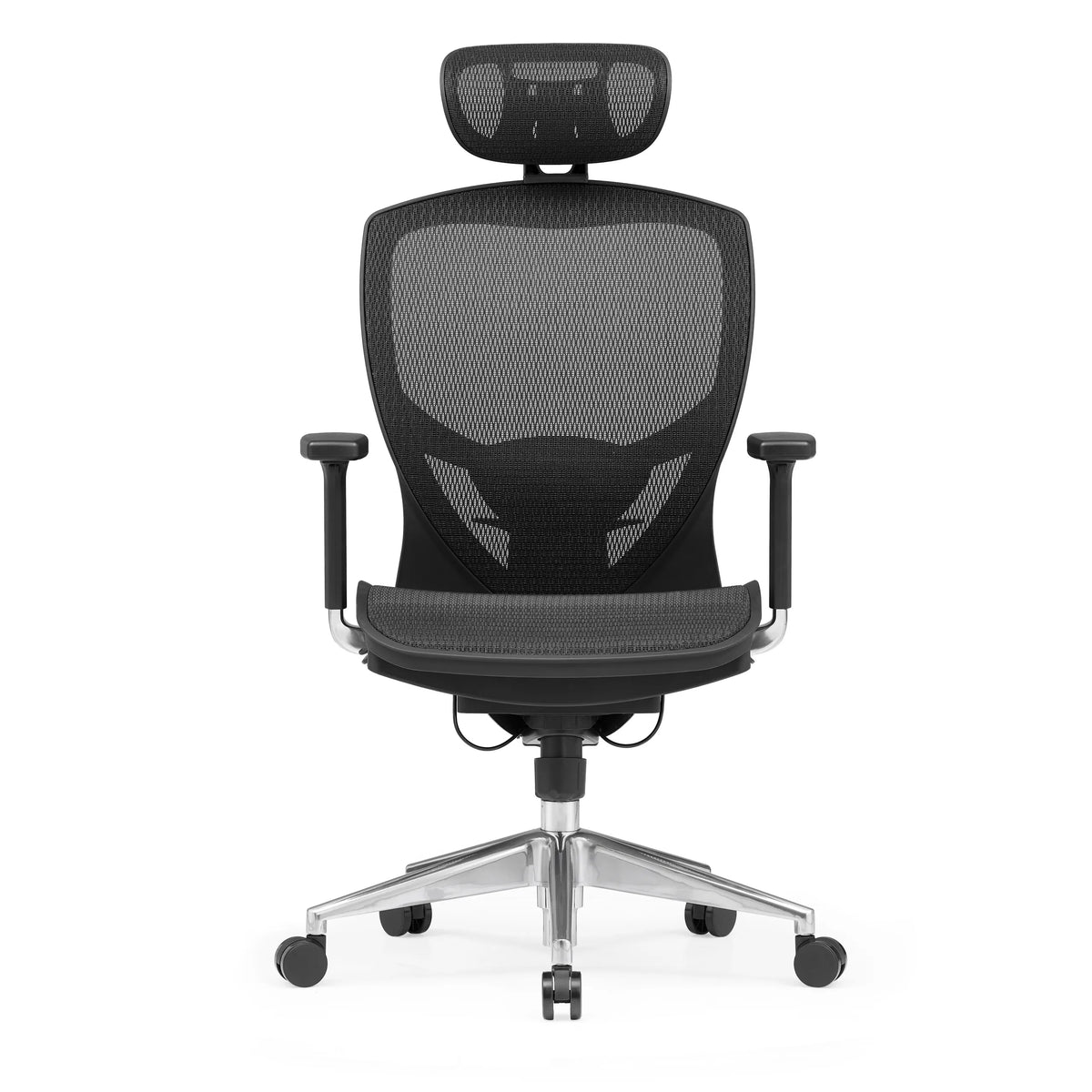 High-end Sedia da ufficio VENUS ONE nera con schienale in rete e base a cinque ruote di hjh OFFICE – vista a 360° (vista frontale 0°)