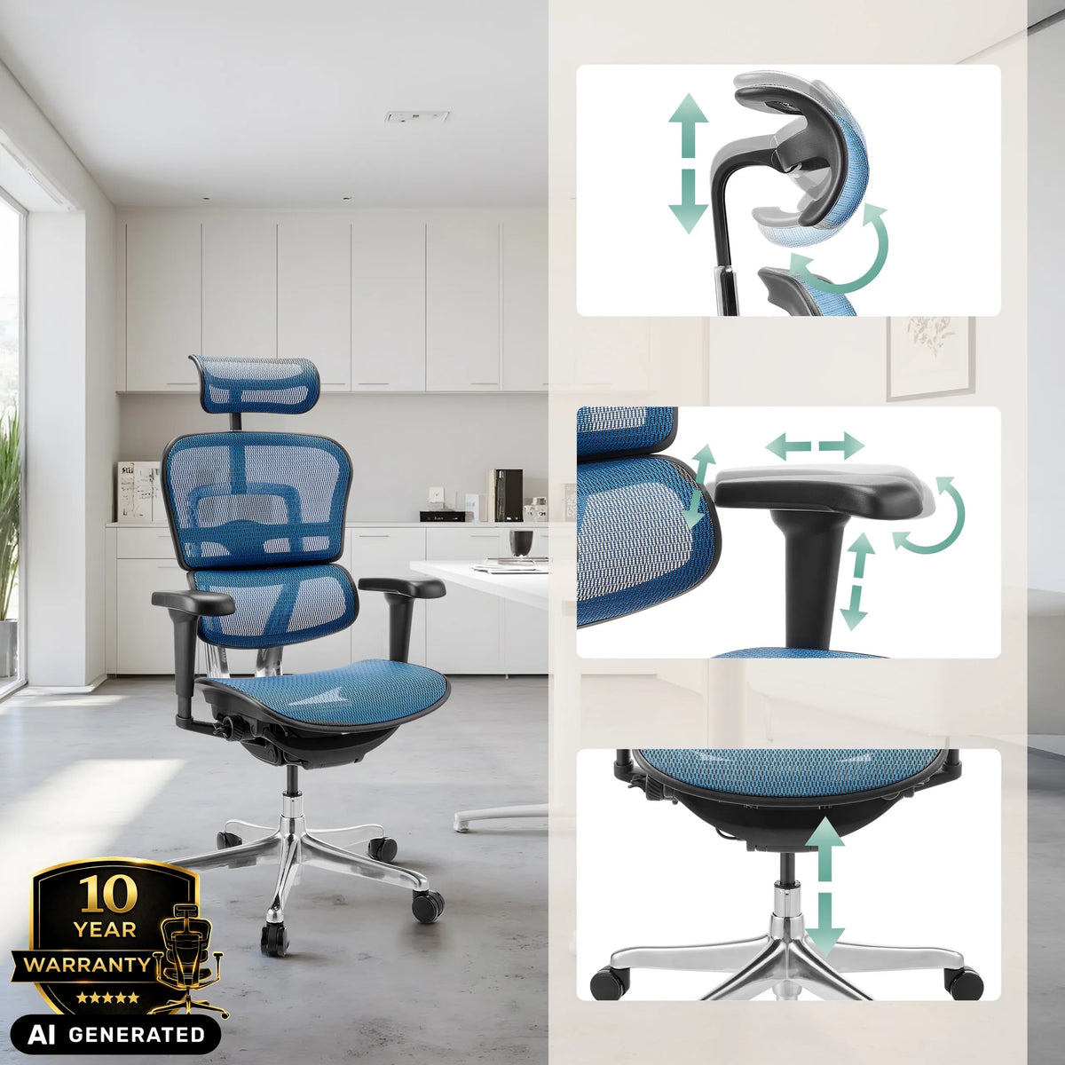 Poltrona di lusso blu ERGOHUMAN ULTRA GEN2 con poggiatesta e braccioli regolabili di hjh OFFICE (immagine generata dall’IA)