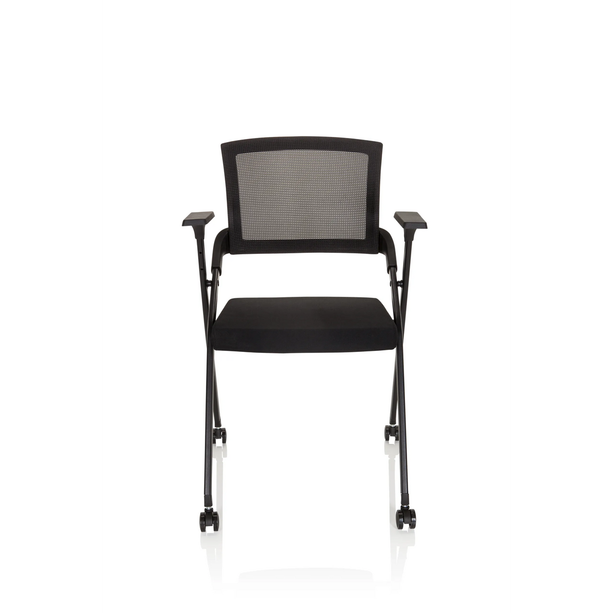 Sedia pieghevole PRIORITY II nera con schienale in rete, braccioli e quattro ruote di hjh OFFICE – vista a 360° (vista frontale 0°)