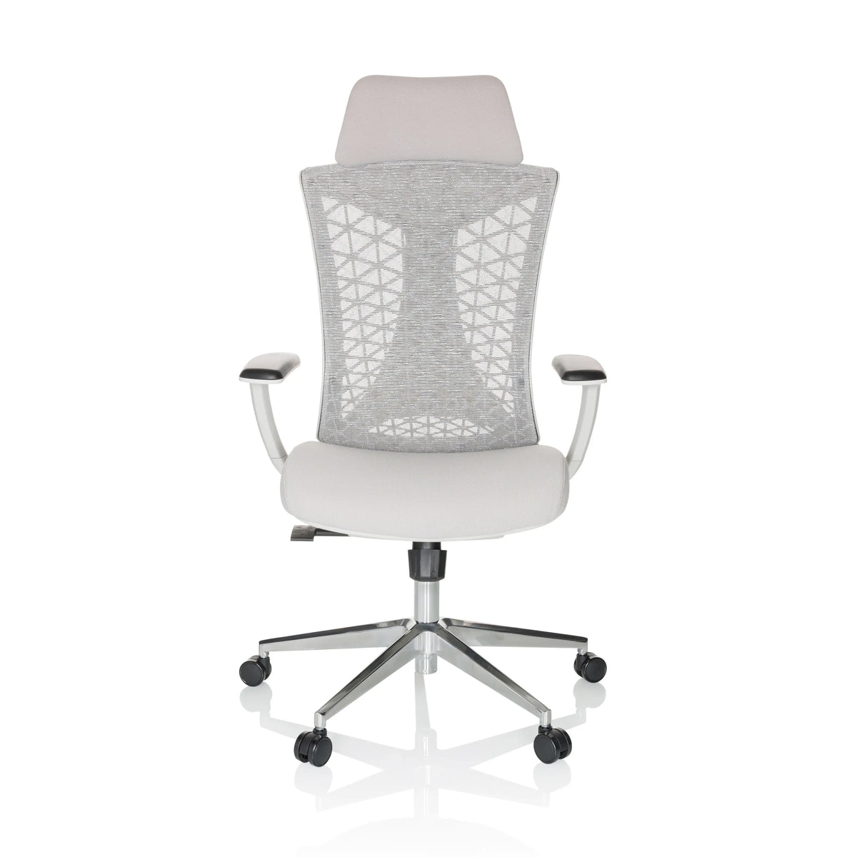 Sedia da ufficio professionale FALEO W grigia con schienale in rete e base a cinque ruote di hjh OFFICE – vista a 360° (vista frontale 0°)
