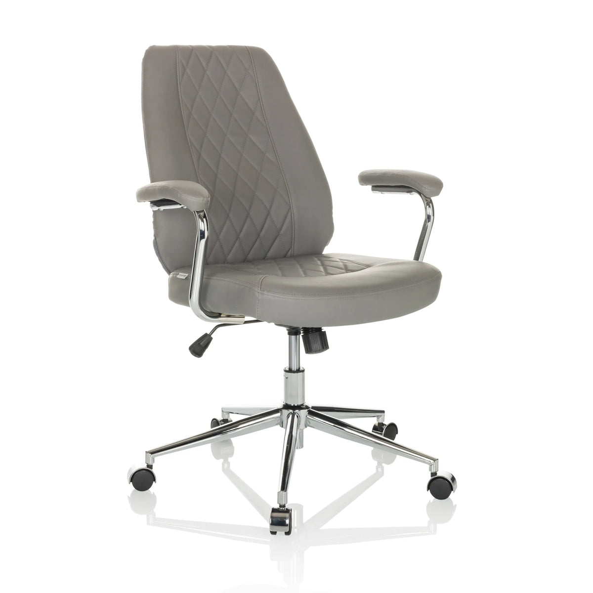 Poltrona Home Office THEO I grigia con schienale trapuntato e base a cinque ruote di hjh OFFICE – vista a 360° (vista frontale a tre quarti 30°)