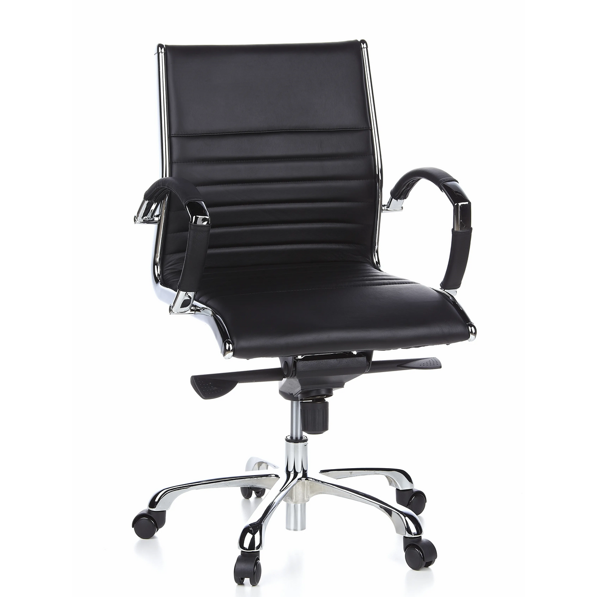 Poltrona professionale PARMA 10 nera con cuciture trasversali e base lucida a cinque ruote di hjh OFFICE – vista a 360° (vista frontale 20°)