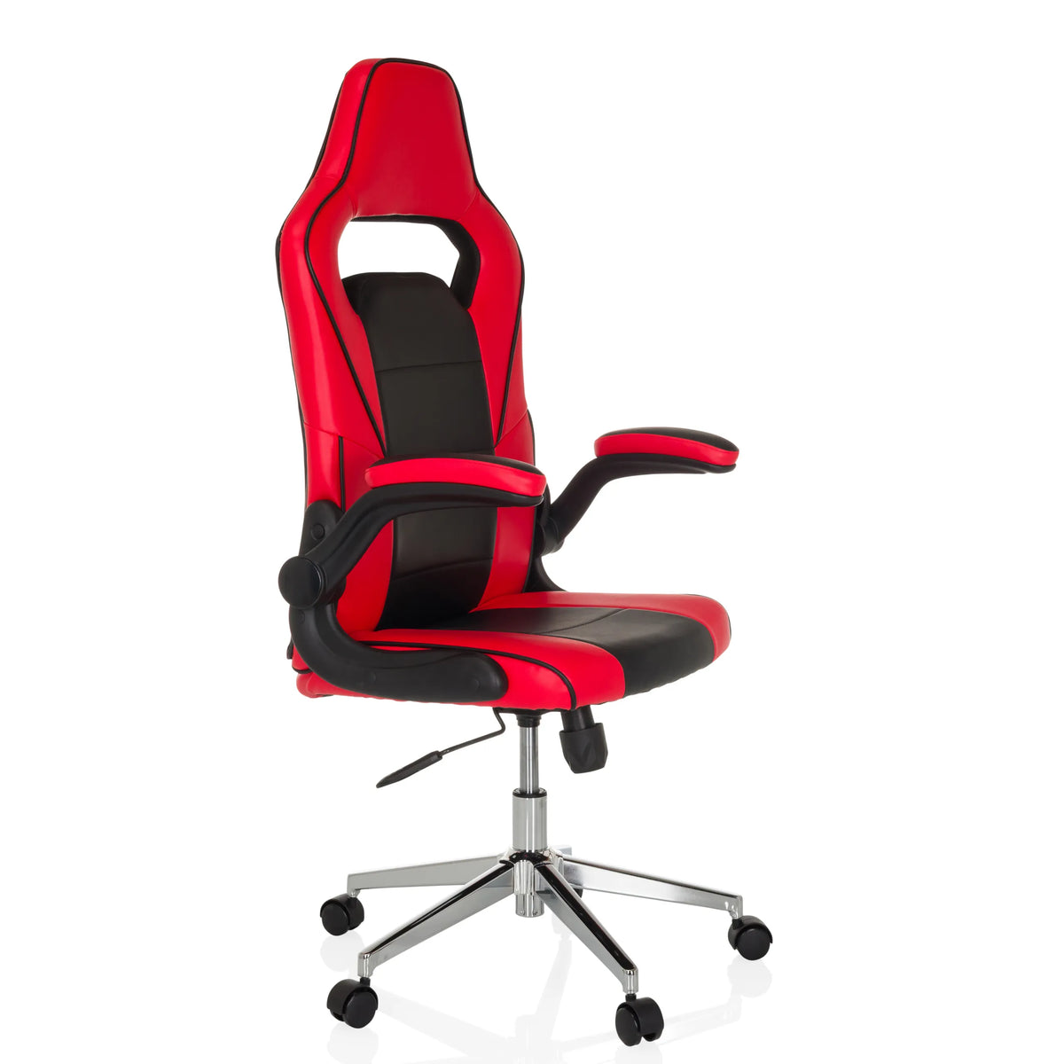 Sedia da gaming GAME SPORT PRO rosso-nera con braccioli e base a cinque ruote di MyBuero – vista a 360° (vista frontale a tre quarti 45°)