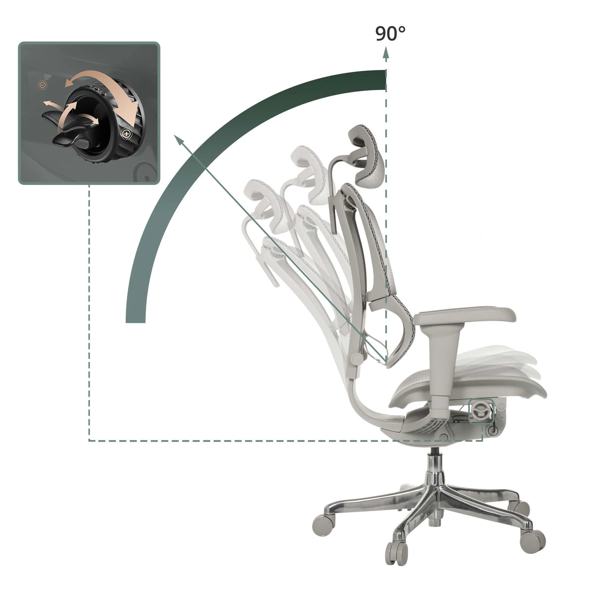 Schienale regolabile della poltrona di lusso ERGOHUMAN SLIM ULTRA G GEN2 con inclinazione fino a 90 gradi di hjh OFFICE