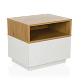 Tavolino MELMO bianco con un ripiano effetto rovere di hjh LIVING – vista a 360° (vista frontale a tre quarti 30°)