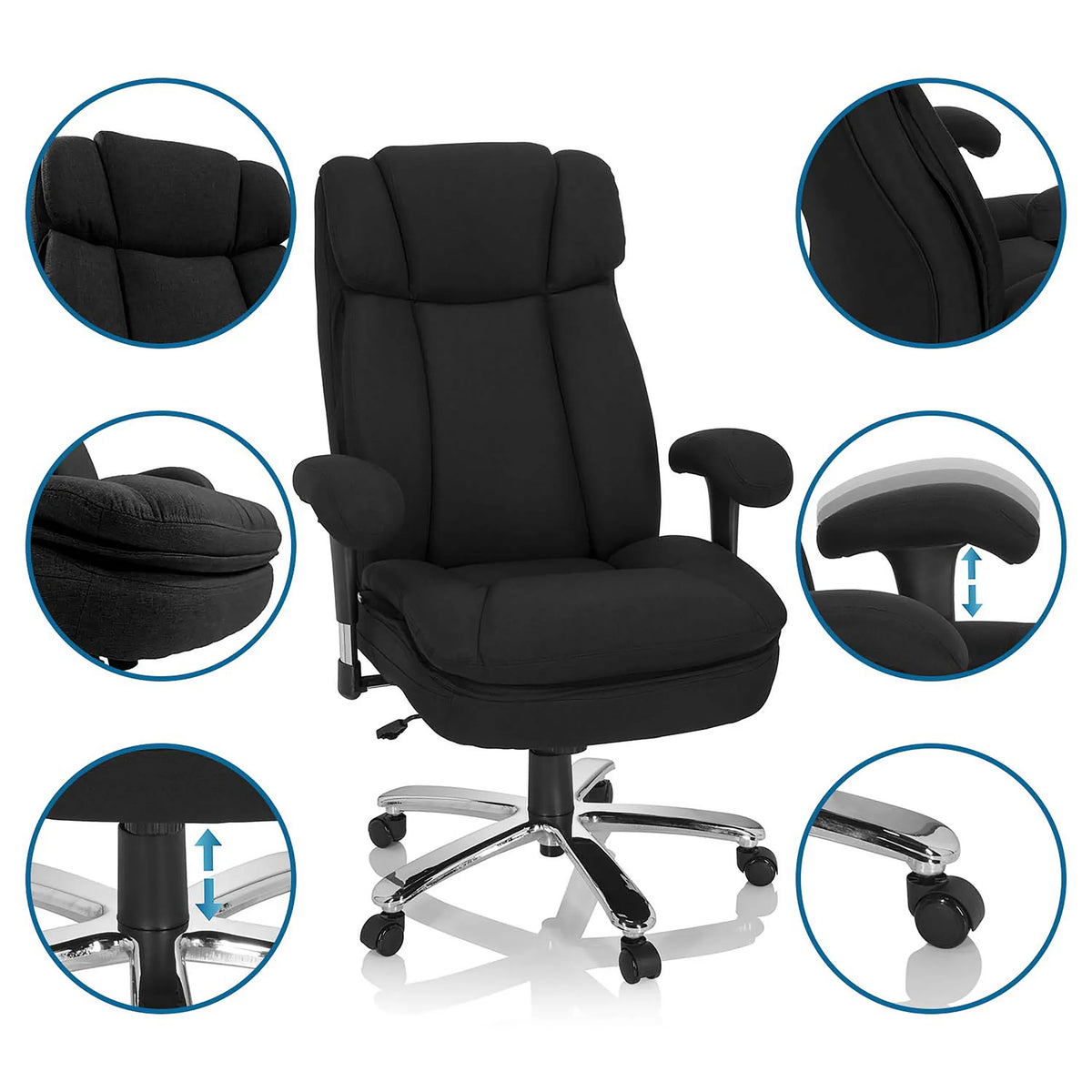 Sedia girevole BUILDER XXL I nera con rivestimento in tessuto, altezza regolabile e rotelle di hjh OFFICE
