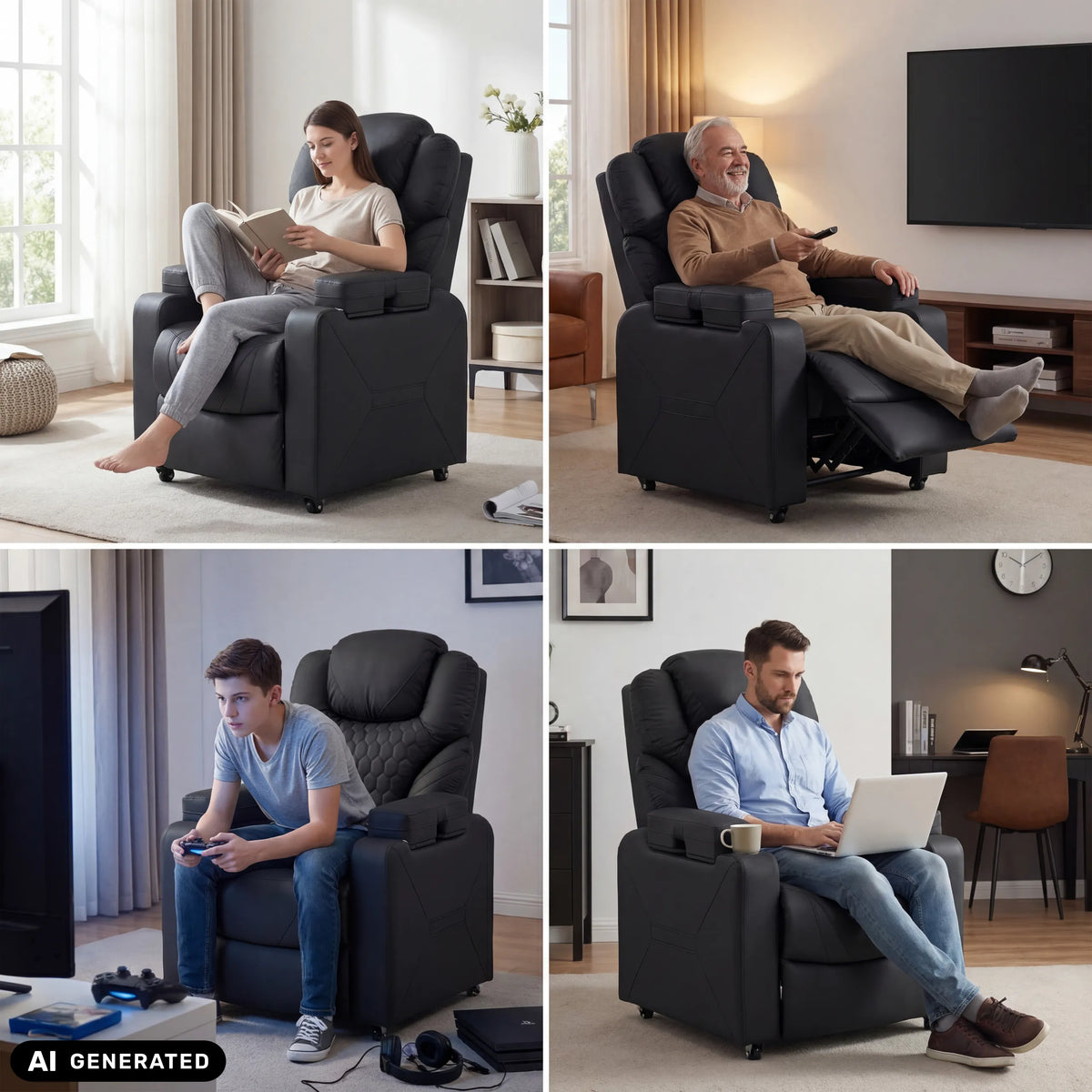 Poltrona Lounge Game Sport RX nera in diverse situazioni d'uso di hjh OFFICE (immagine generata dall’IA)