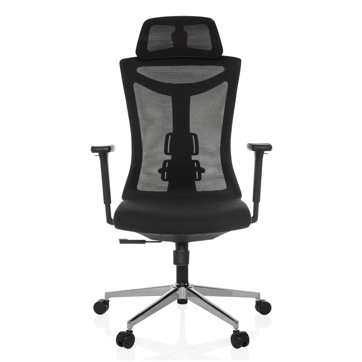 Sedia da ufficio professionale KAMIAK nera con schienale in rete e base a cinque ruote di hjh OFFICE – vista a 360° (vista frontale 0°)