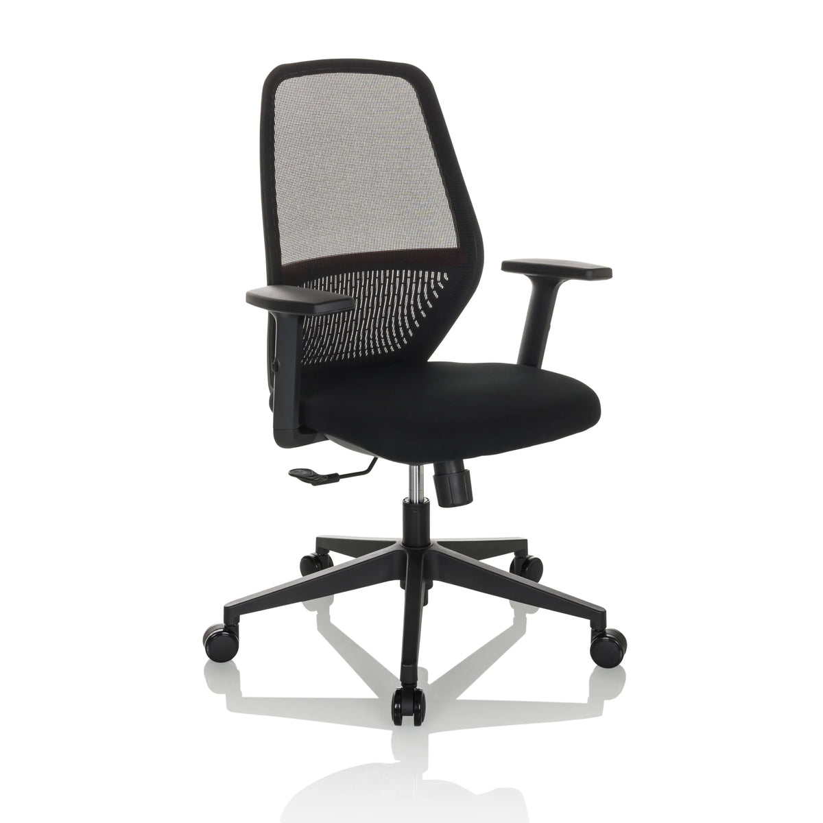 Sedia da ufficio professionale CARLOW I nera con schienale in rete e base a cinque ruote di hjh OFFICE – vista a 360° (vista frontale a tre quarti 30°)