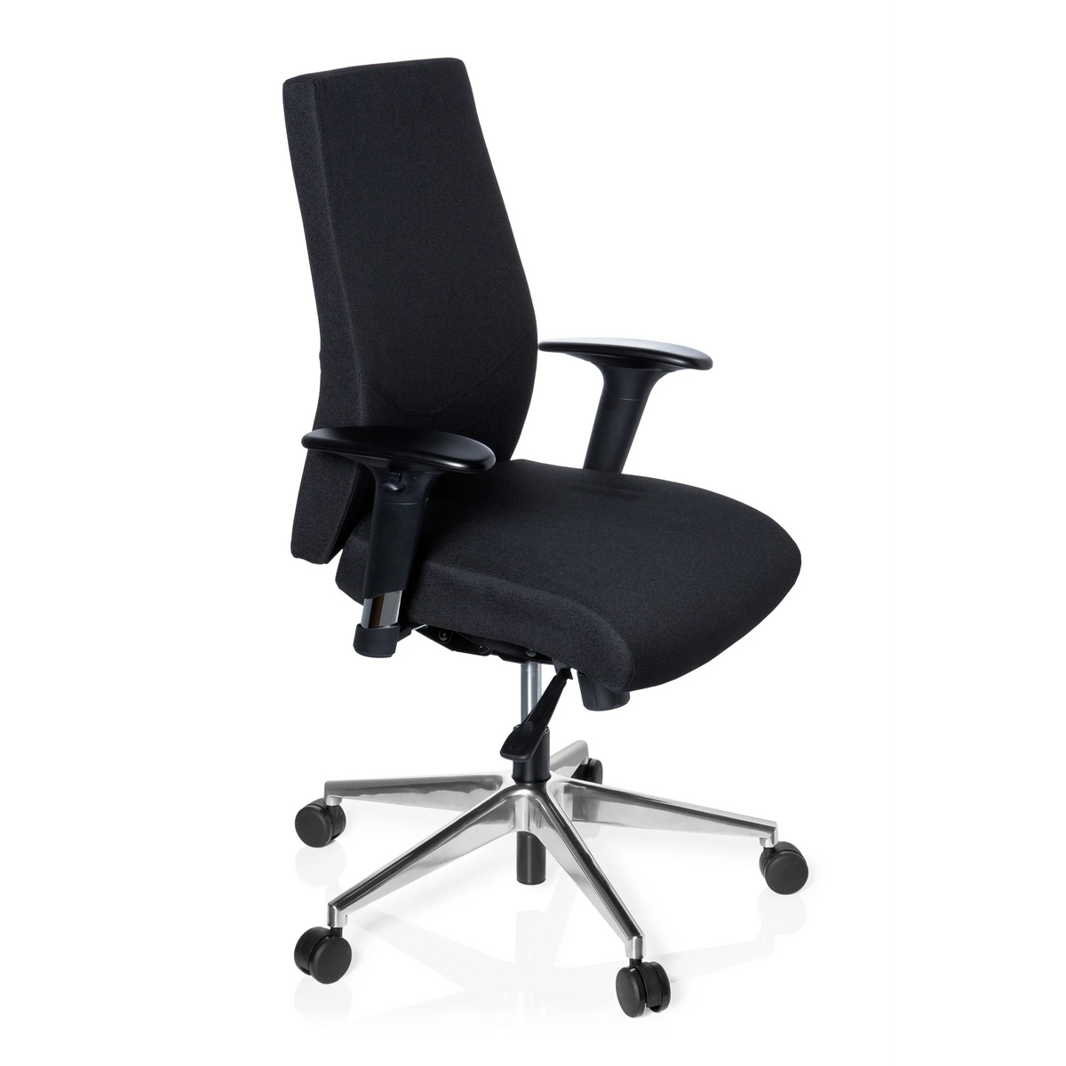 Sedia da ufficio professionale PRO-TEC 250 nera con braccioli e base a cinque ruote di hjh OFFICE – vista a 360° (vista frontale a tre quarti 60°)