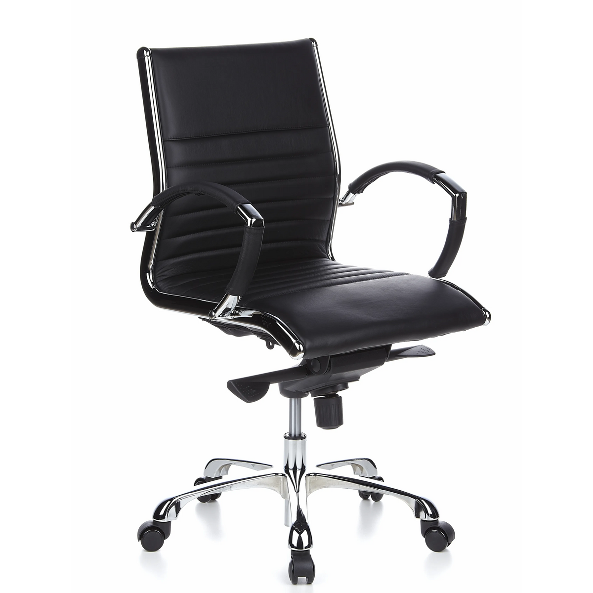 Poltrona professionale PARMA 10 nera con cuciture trasversali e base lucida a cinque ruote di hjh OFFICE – vista a 360° (vista frontale a tre quarti 40°)