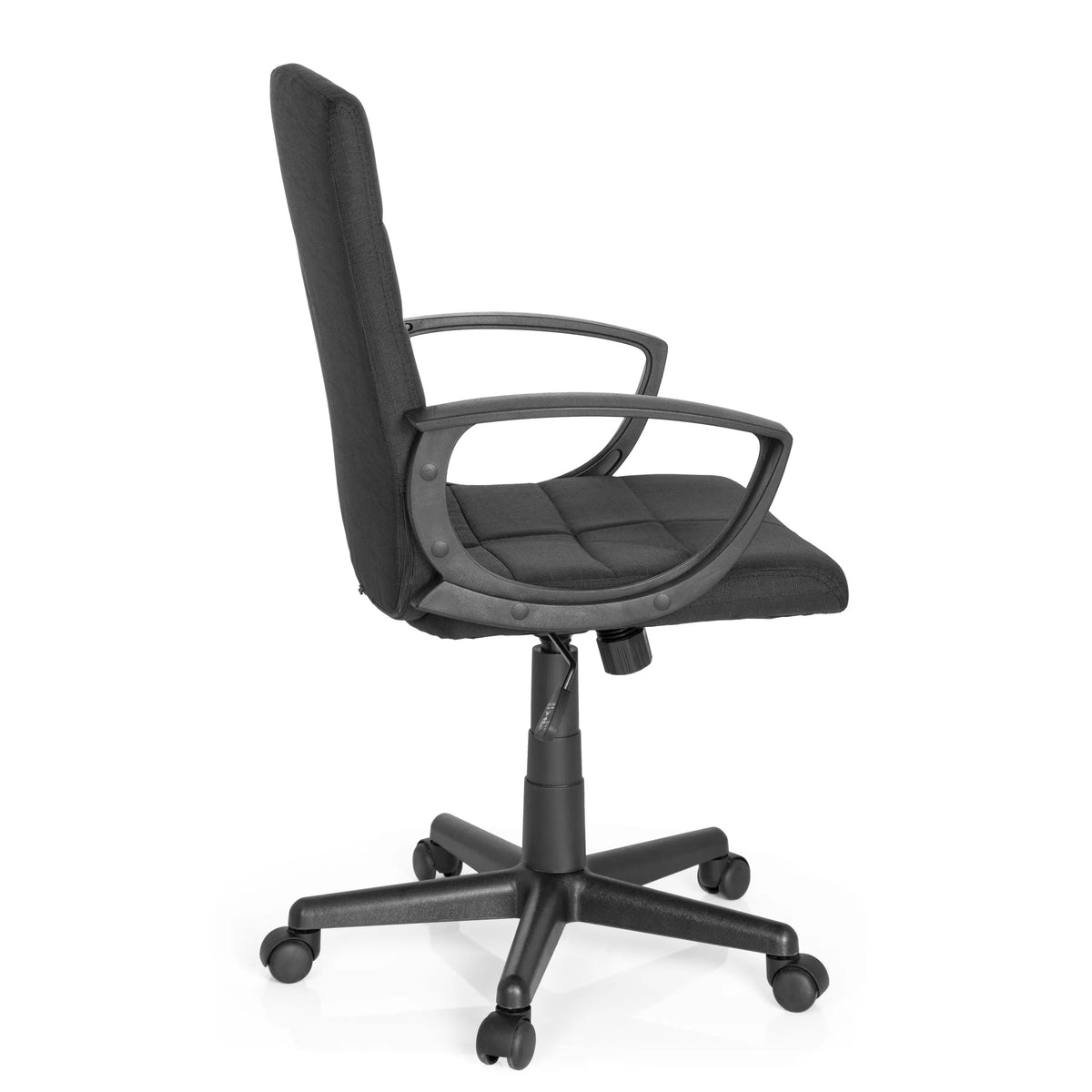 Sedia Home Office STAR-TEC CL300 nera con braccioli e base a cinque ruote di MyBuero – vista a 360° (profilo laterale 100°)