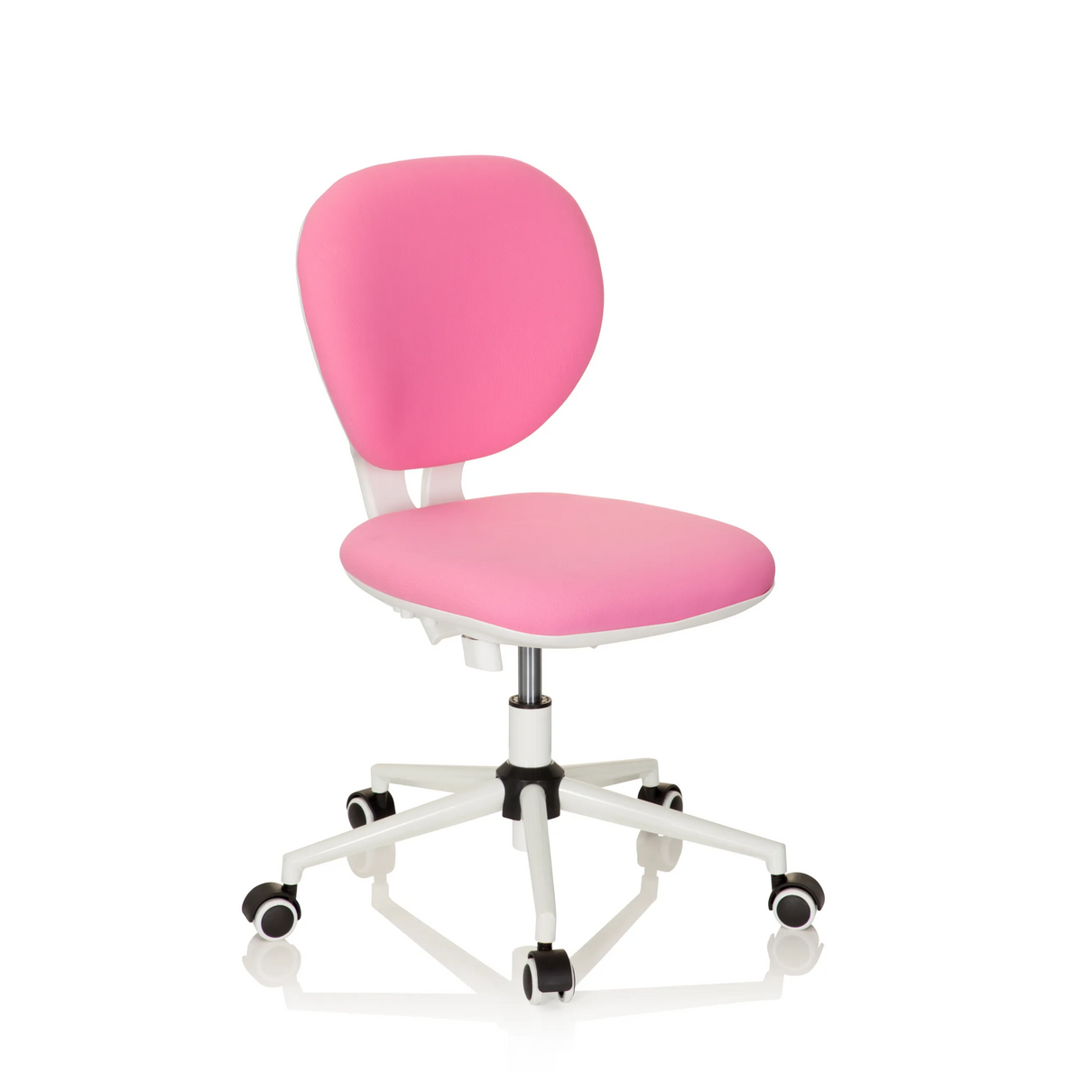Sedia girevole per bambini KID VIVO rosa con base bianca e cinque rotelle di hjh OFFICE – vista a 360° (vista frontale a tre quarti 40°)