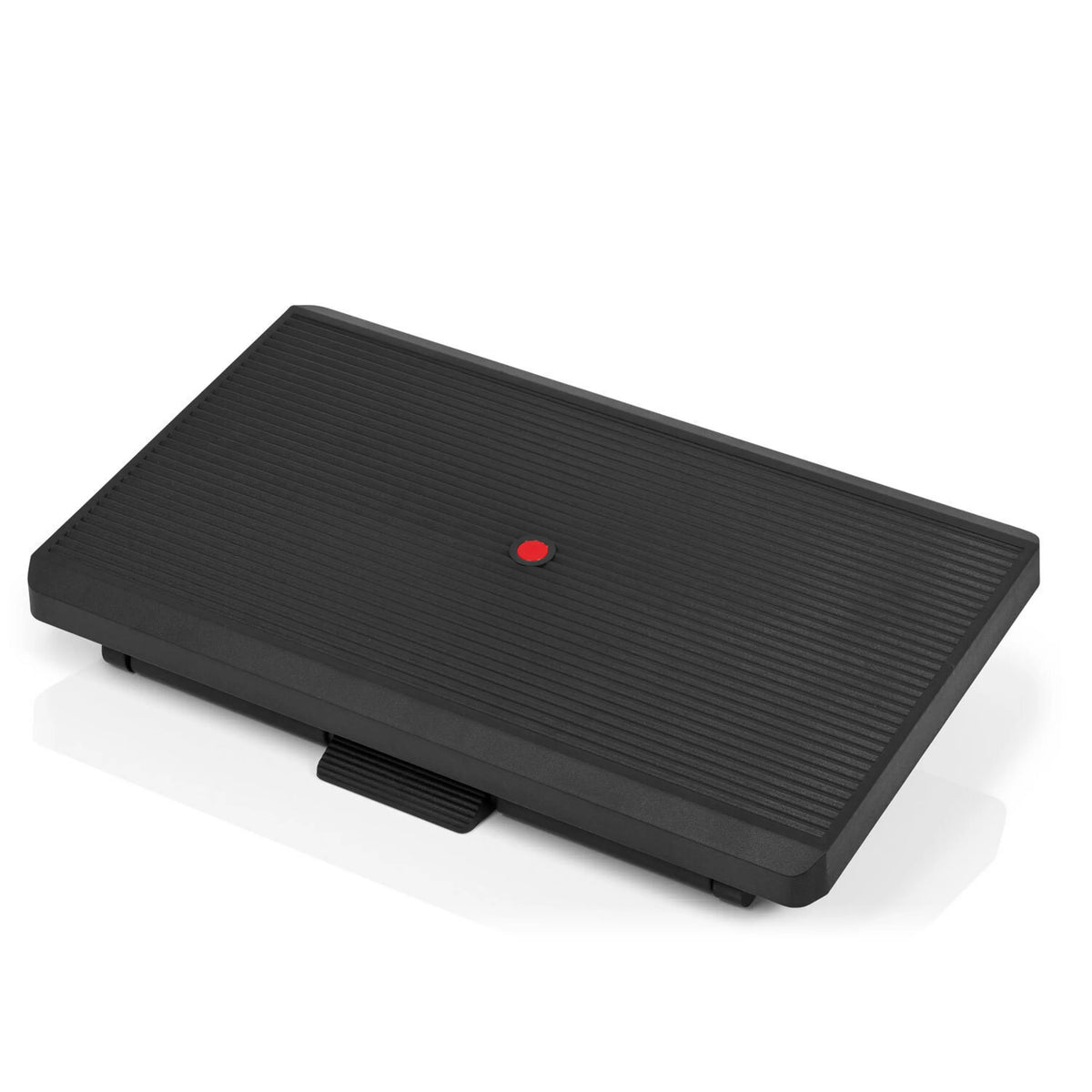 Schwarze Fußablage PIEDINO STRIPE PRO mit gerippter Oberfläche und rotem Knopf von hjh OFFICE – 360-Grad-Ansicht (Frontansicht 0°)