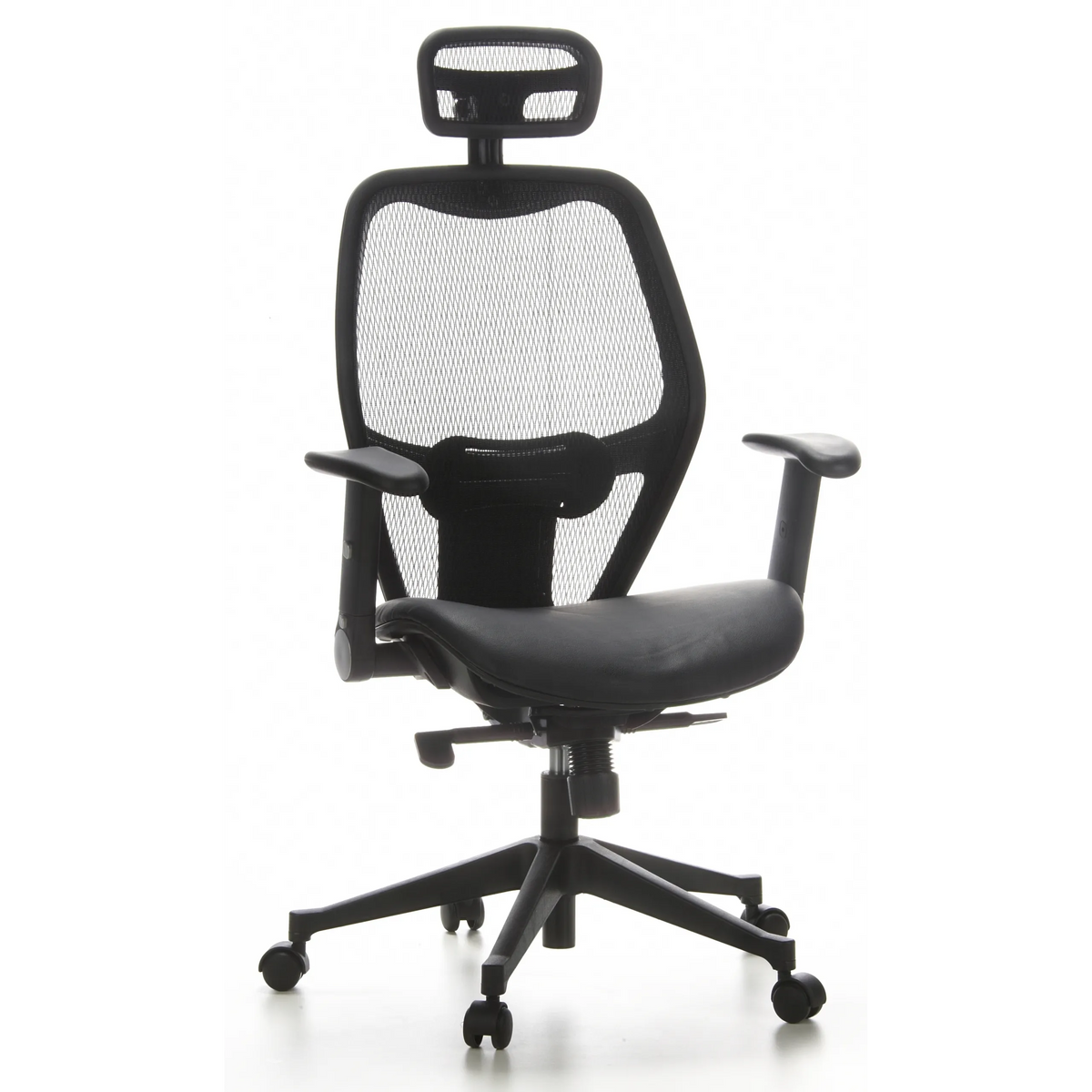 Sedia da ufficio professionale AIR-PORT nera con schienale in rete, seduta in pelle e base a cinque ruote di hjh OFFICE – vista a 360° (vista frontale 20°)