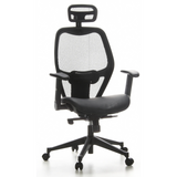 Sedia da ufficio professionale AIR-PORT nera con schienale in rete, seduta in pelle e base a cinque ruote di hjh OFFICE – vista a 360° (vista frontale 20°)