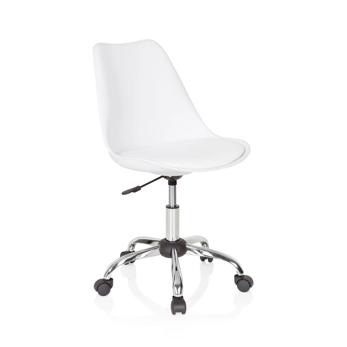 Sedia Home Office FANCY PRO bianca con base a stella e cinque rotelle di hjh OFFICE – vista a 360° (vista frontale a tre quarti 40°)