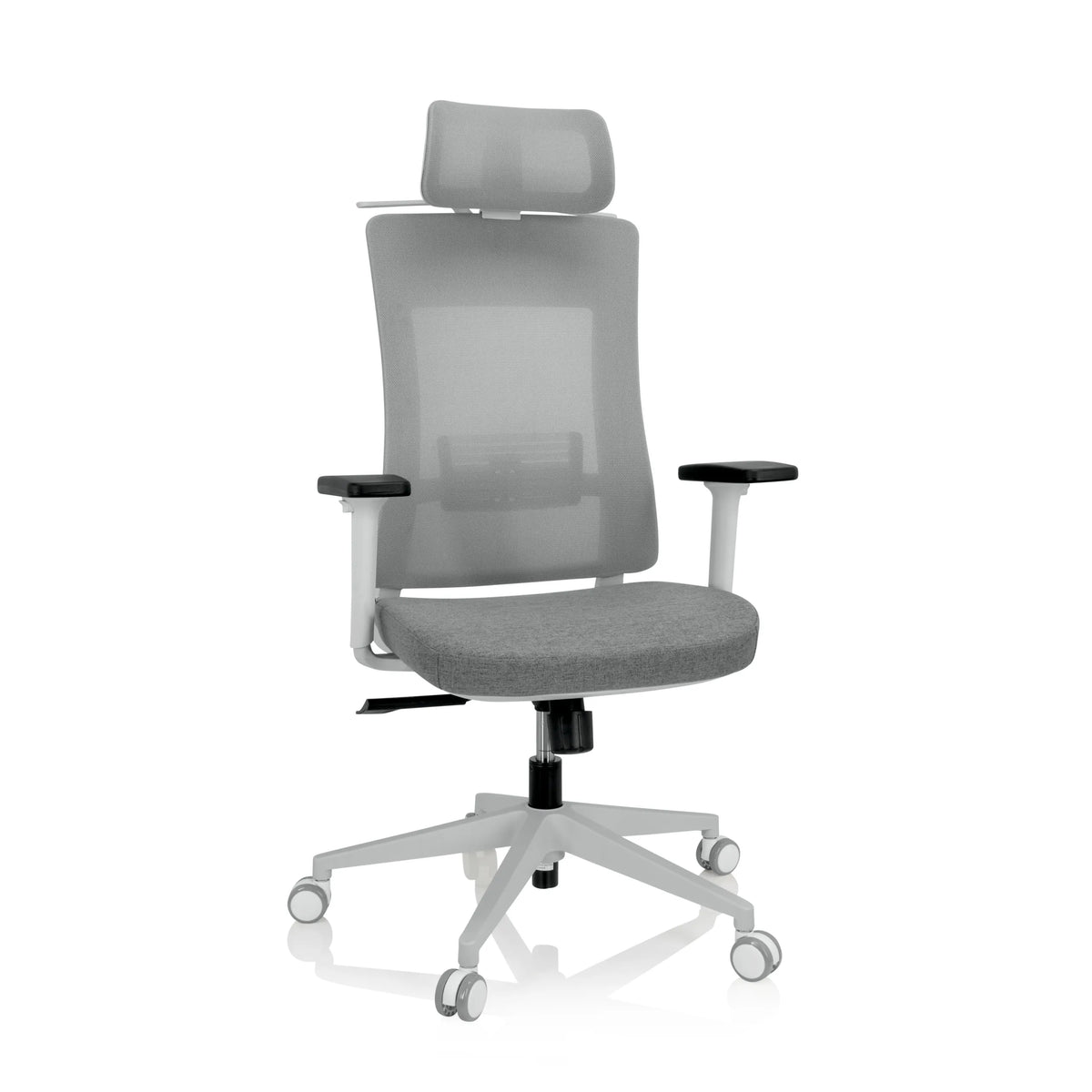 Sedia da ufficio professionale COMFIO WMH grigia con schienale in rete, poggiatesta e base a cinque ruote di hjh OFFICE – vista a 360° (vista frontale 20°)
