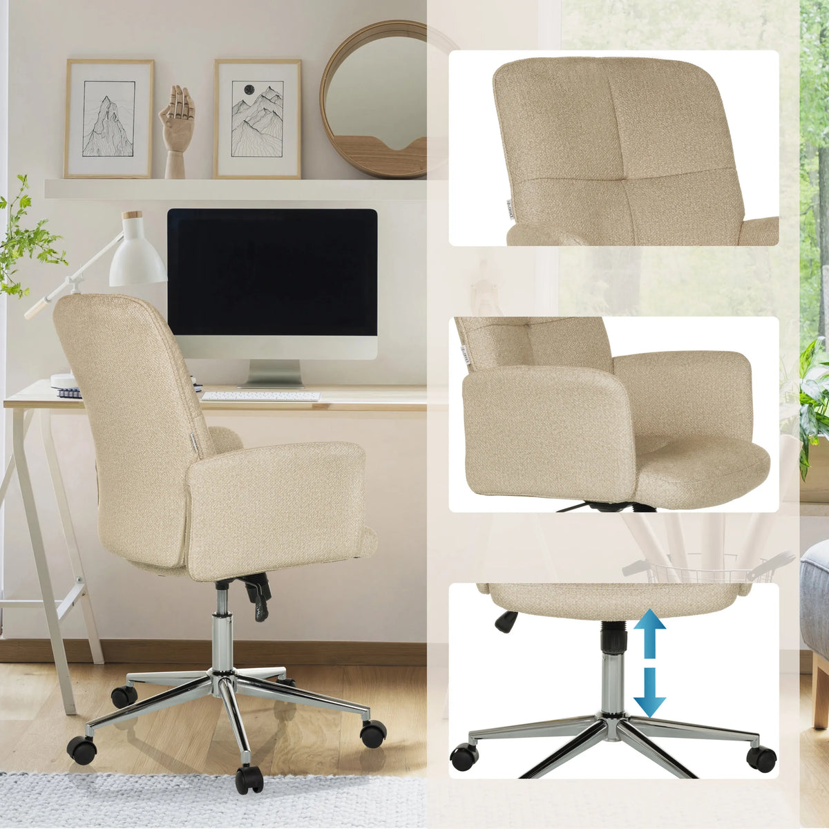 Sedia Home Office SOLAO 400 beige con altezza del sedile regolabile, braccioli e base a stella con ruote di hjh OFFICE