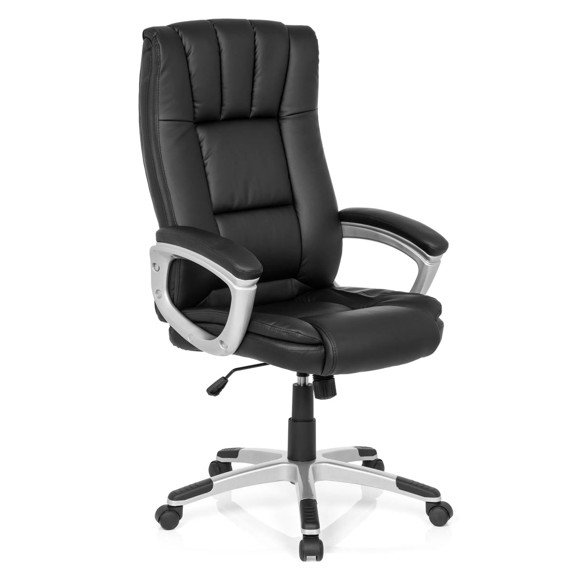 Sedia Home Office RELAX CL150 nera con rivestimento trapuntato e base a cinque ruote di MyBuero – vista a 360° (vista frontale a tre quarti 40°)