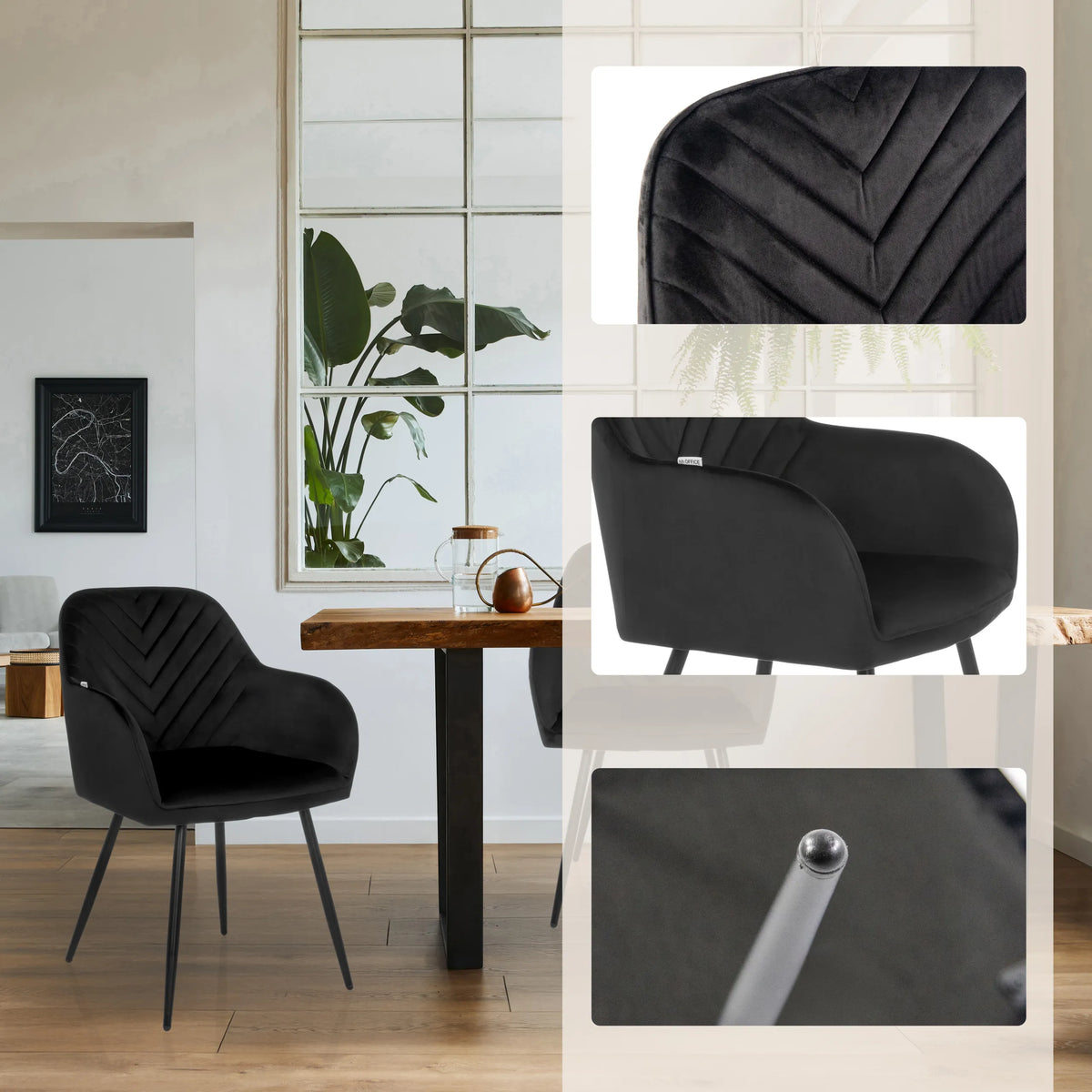 Sedia per sala da pranzo nera CHARVELLE con dettagli trapuntati e gambe sottili di hjh LIVING