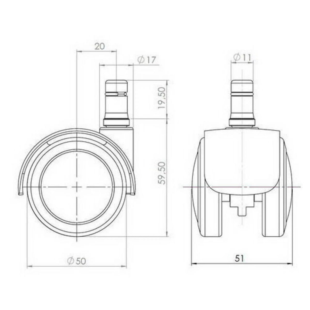 Disegno tecnico delle Rotelle per Sedia 5x ROLO FIX 11mm/50mm con un diametro di 50 mm di hjh OFFICE