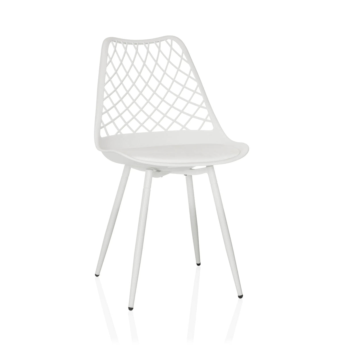Sedia da esterno bianca BEGIO S con schienale a griglia e quattro gambe di hjh LIVING – vista a 360° (vista frontale 15°)