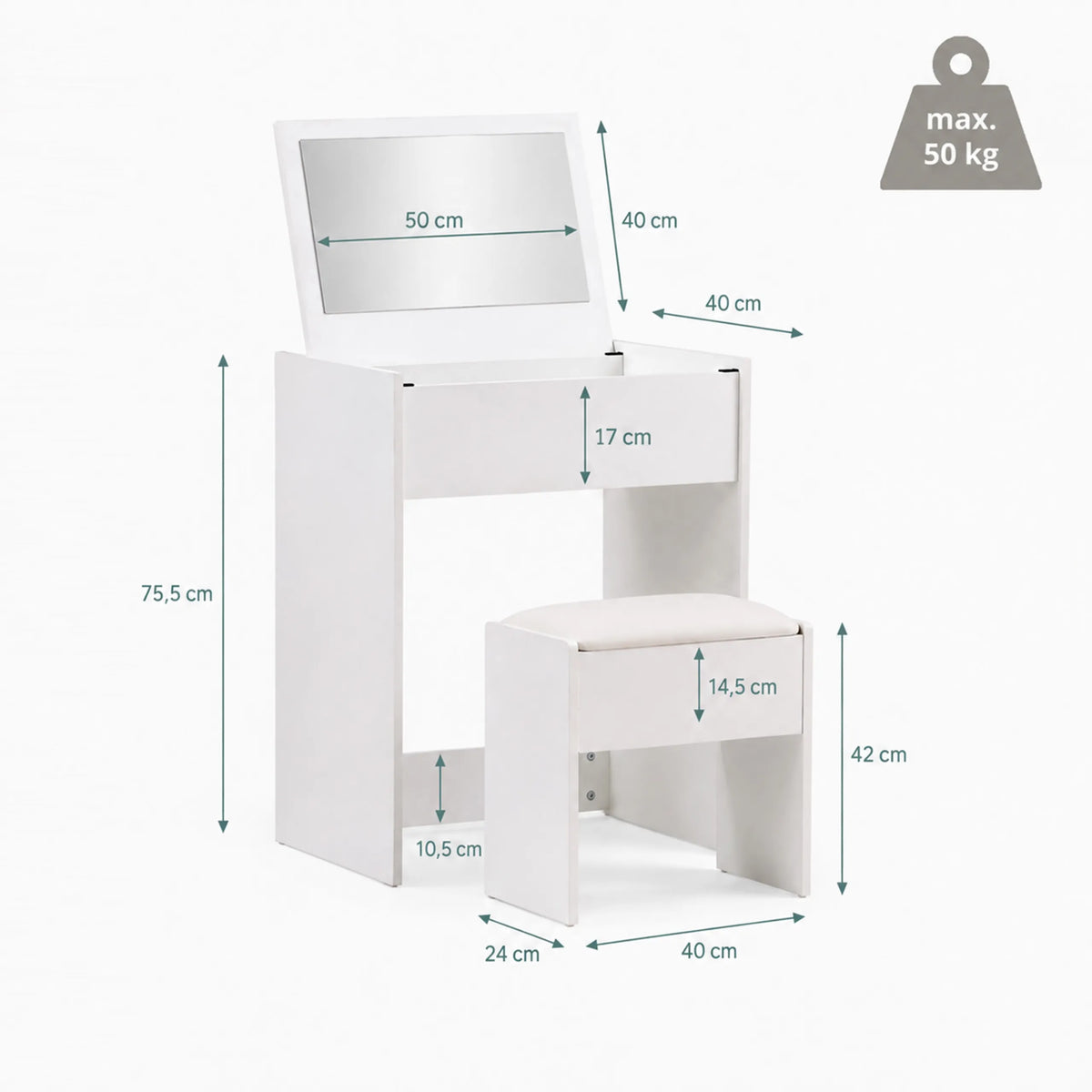 Disegno tecnico dello specchio da trucco Glamdesk con un'altezza di 75,5 cm e una profondità di 40 cm di hjh LIVING