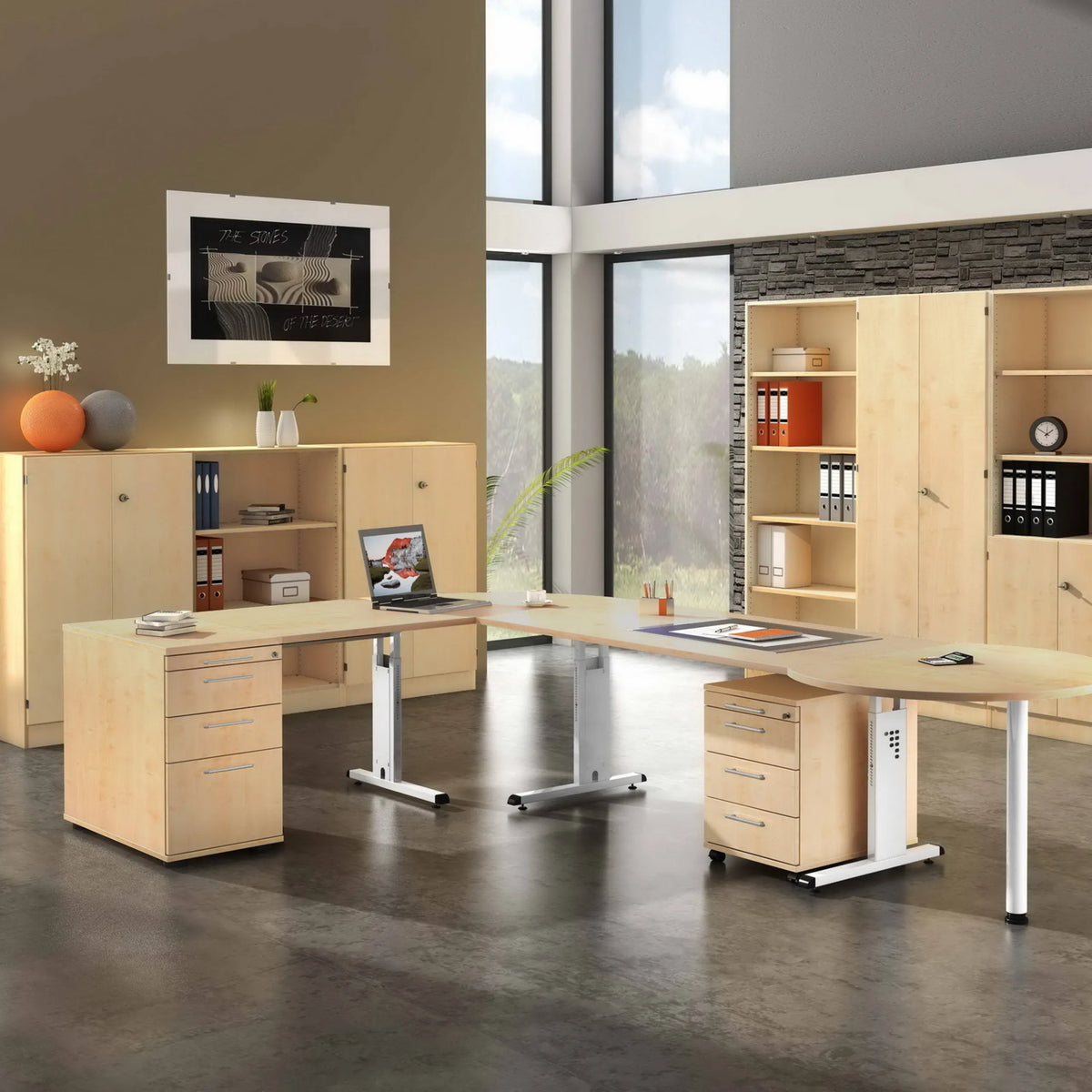 Scrivania regolabile in altezza MEGA 16 W in acero e bianco con cassettiera mobile e armadio di hjh OFFICE PRO