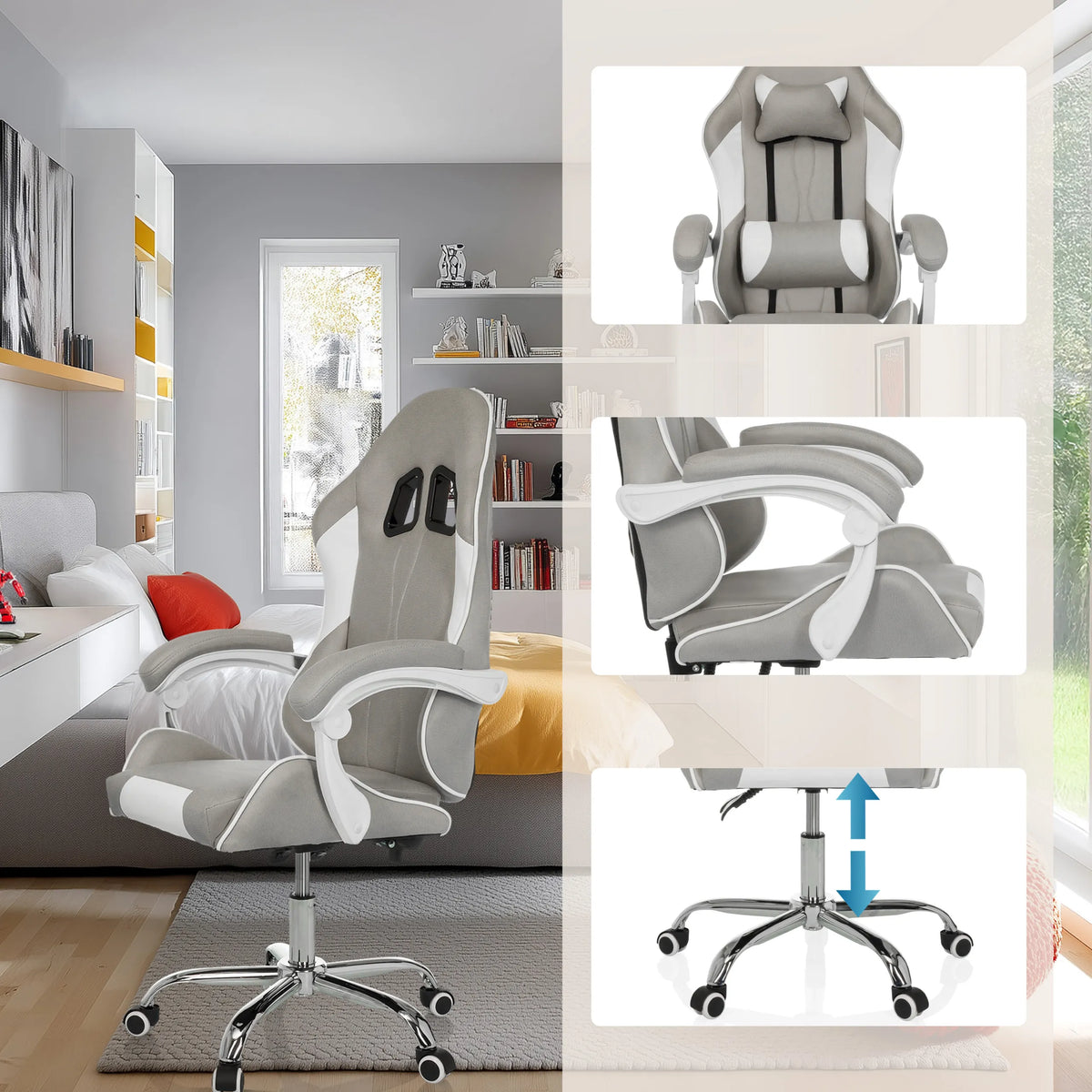 Sedia da gaming GAMEBREAKER W03 in grigio-bianco con viste dettagliate del bracciolo, del poggiatesta e della regolazione dell'altezza di MyBuero