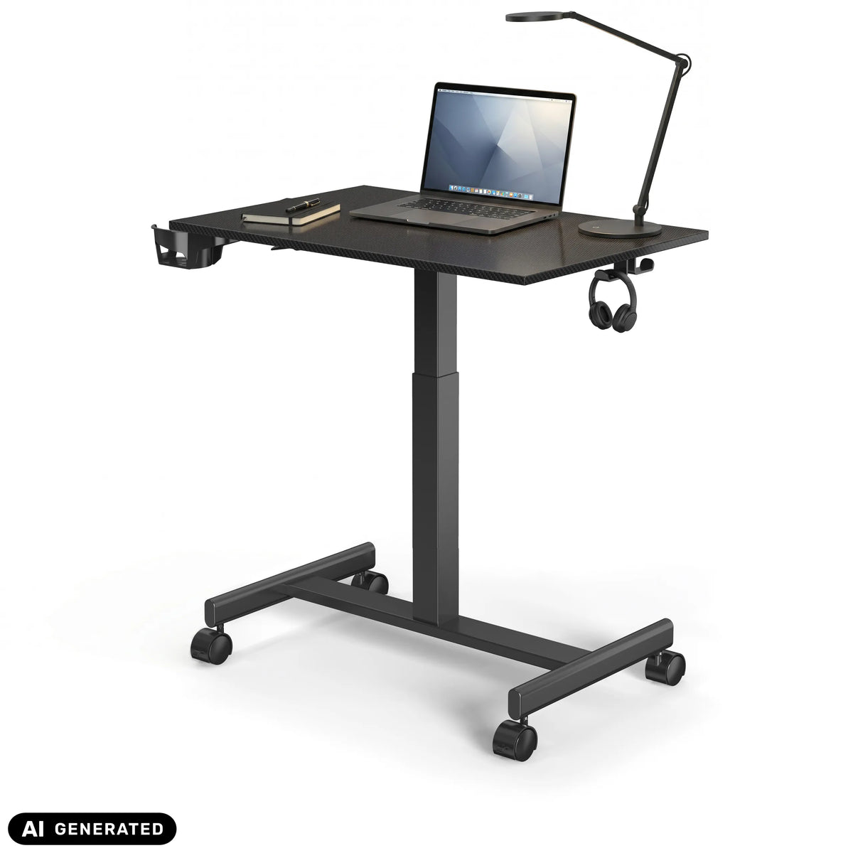 Scrivania in piedi Stand K nera su ruote con laptop e lampada da scrivania di hjh OFFICE (immagine generata dall’IA)