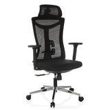 Sedia da ufficio professionale KAMIAK nera con schienale in rete e base a cinque ruote di hjh OFFICE – vista a 360° (vista frontale a tre quarti 30°)