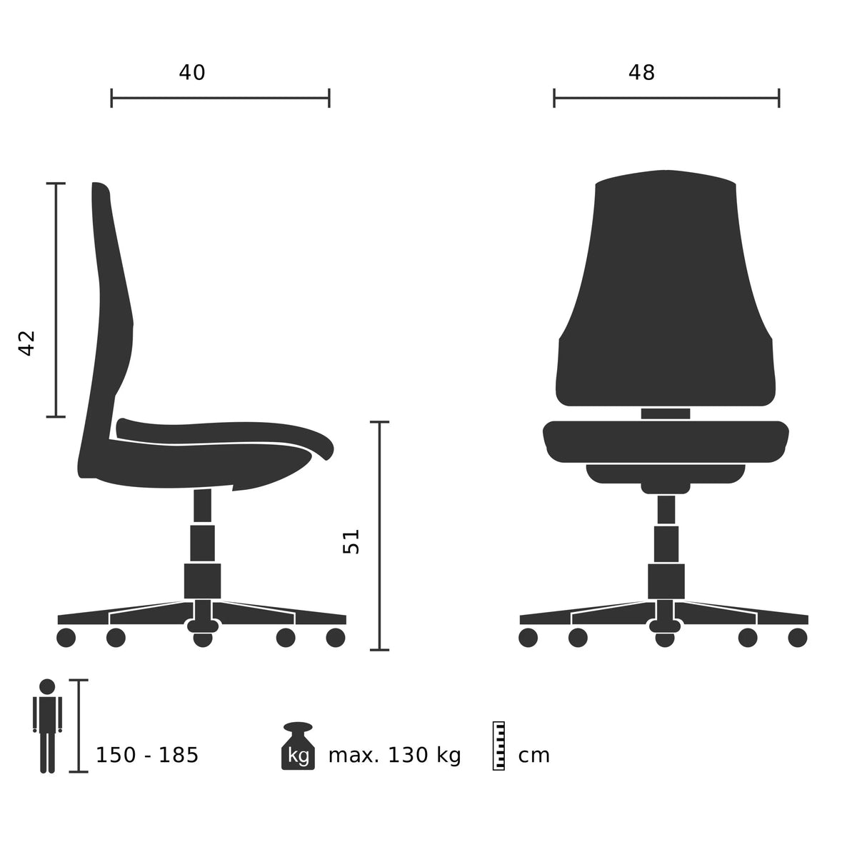 Disegno tecnico della Sedia imbottita TARVISO PU con una portata massima di 130 kg di hjh OFFICE