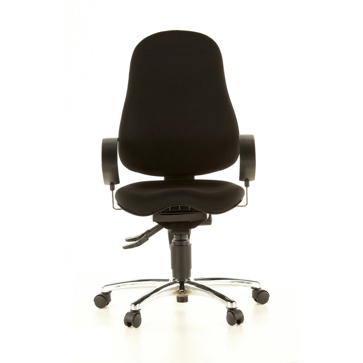 Sedia da ufficio professionale SITNESS 10 nera con braccioli e base a cinque ruote di Topstar – vista a 360° (vista frontale 0°)
